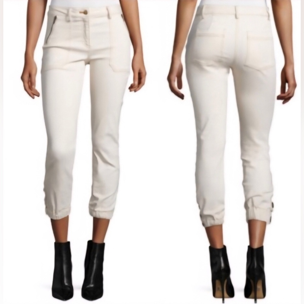 EUC....Womens Veronica Beard Ecru Cardiff cargo fitted snap ankle joggers.